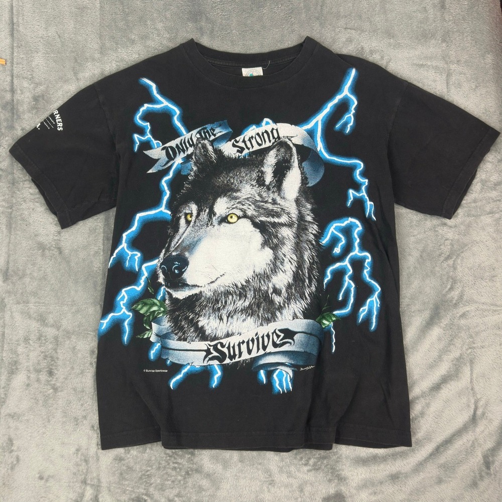 Vintage 90s USA Thunder Wolf Blue Lightning Thunder Graphic T Shirt Mens L Black